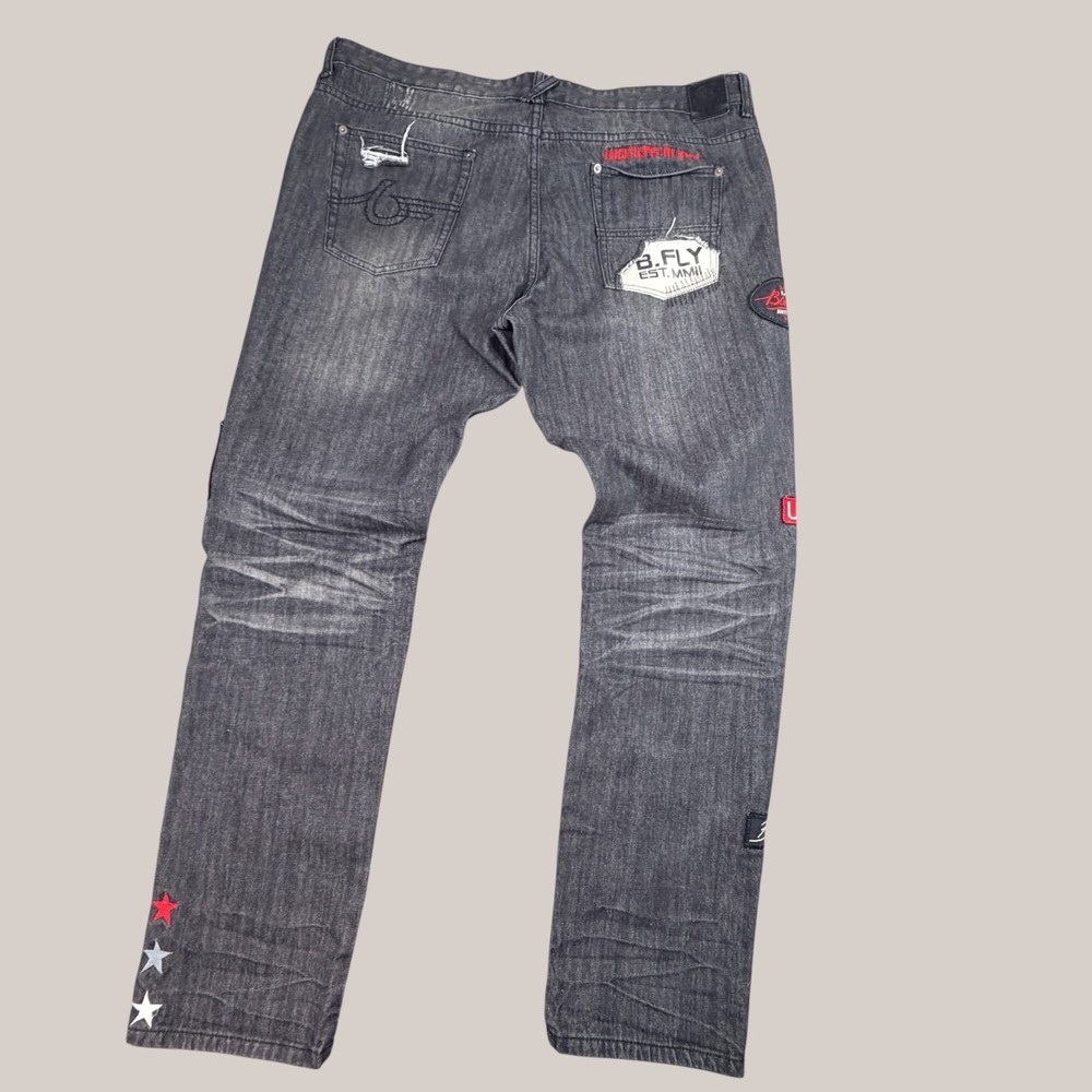 Born Fly Jeans Mens 42x33 Black Discharge Baggy Leg Patches Y2K Streetwear - Picture 3 of 16